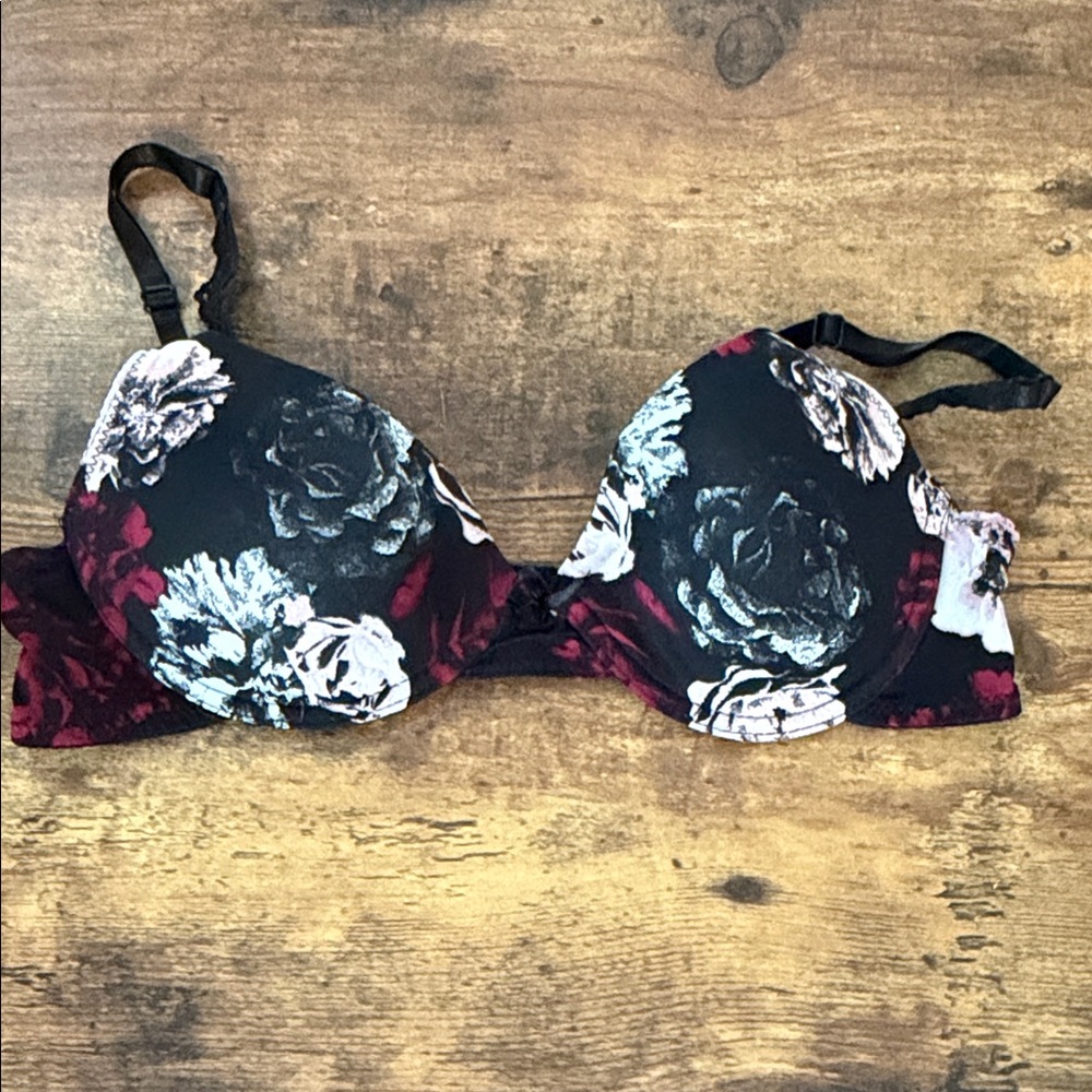 just be Black Floral Push-Up Bra with White and Burgundy Flowers